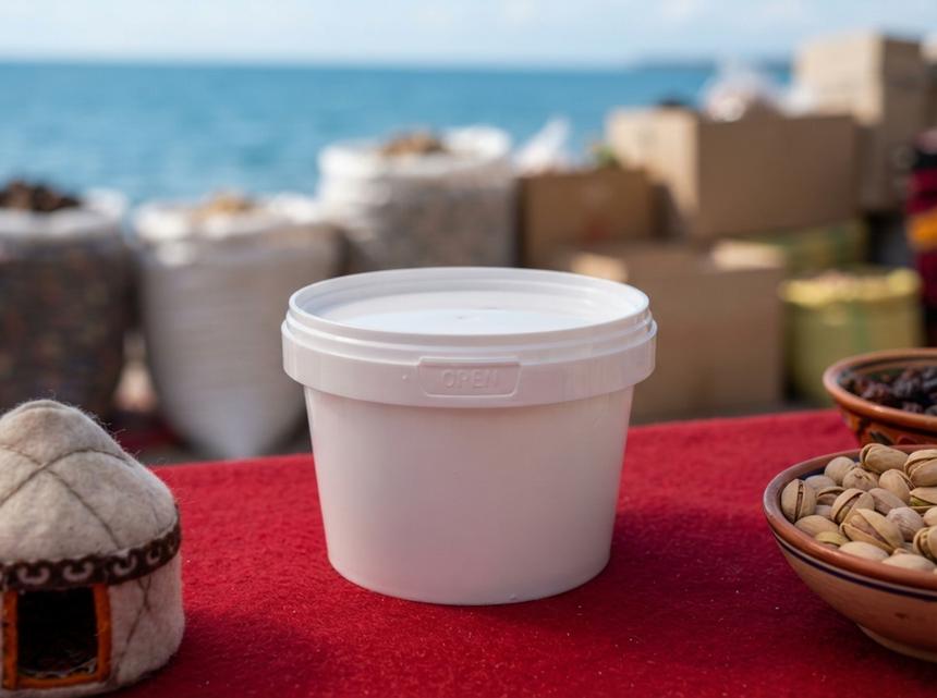 White 560 ml plastic bucket with lid on a felt tablecloth at a souvenir shop in Cholpon-Ata, next to a bowl of pistachios