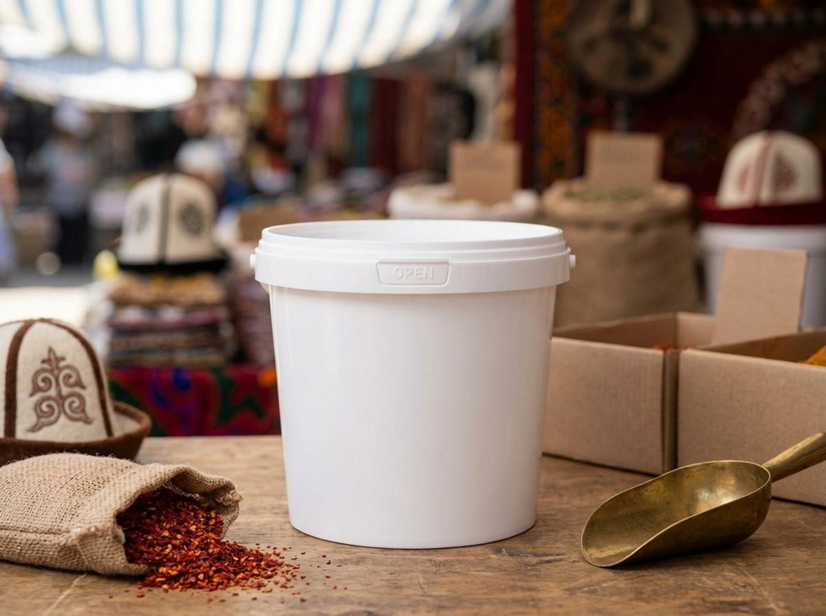 1 升透明带盖塑料桶，放在奥什贾伊马集市（Jayma Bazaar）的摊位上，旁边是几袋香料