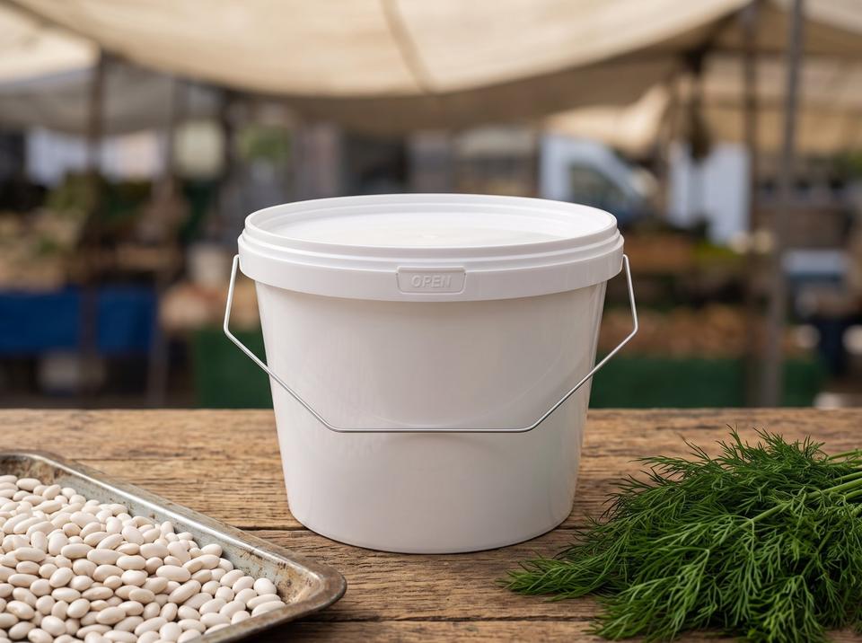 White 2.3 liter plastic bucket with lid and metal bail handle on a market stall in Talas next to a tray of white beans