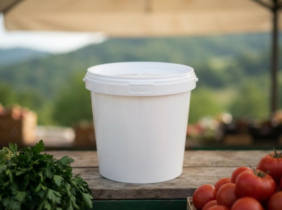 White 1 L plastic bucket with lid on a wooden counter at a village market in Kordai, next to a pile of tomatoes