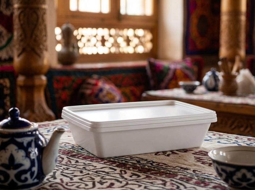 White flat 750 ml plastic tray with lid on a low teahouse table next to a porcelain teapot and a tea bowl