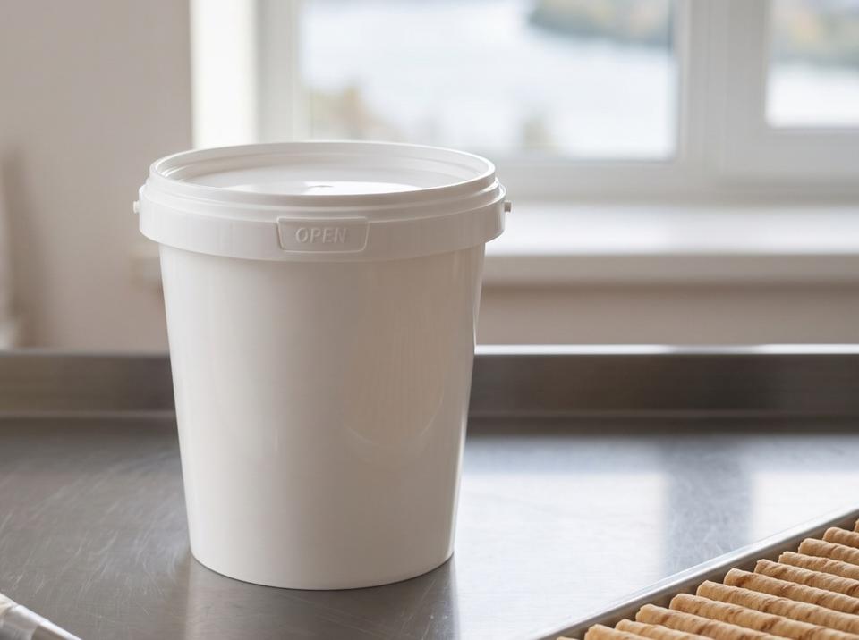 White 850 ml plastic bucket with lid on a steel table in a pastry kitchen, next to wafer rolls