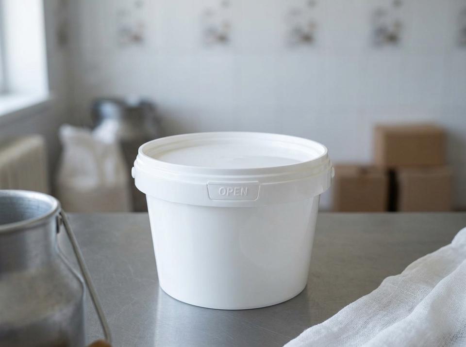 White 560 ml plastic bucket with lid on a steel table at a dairy farm, next to an aluminum milk can