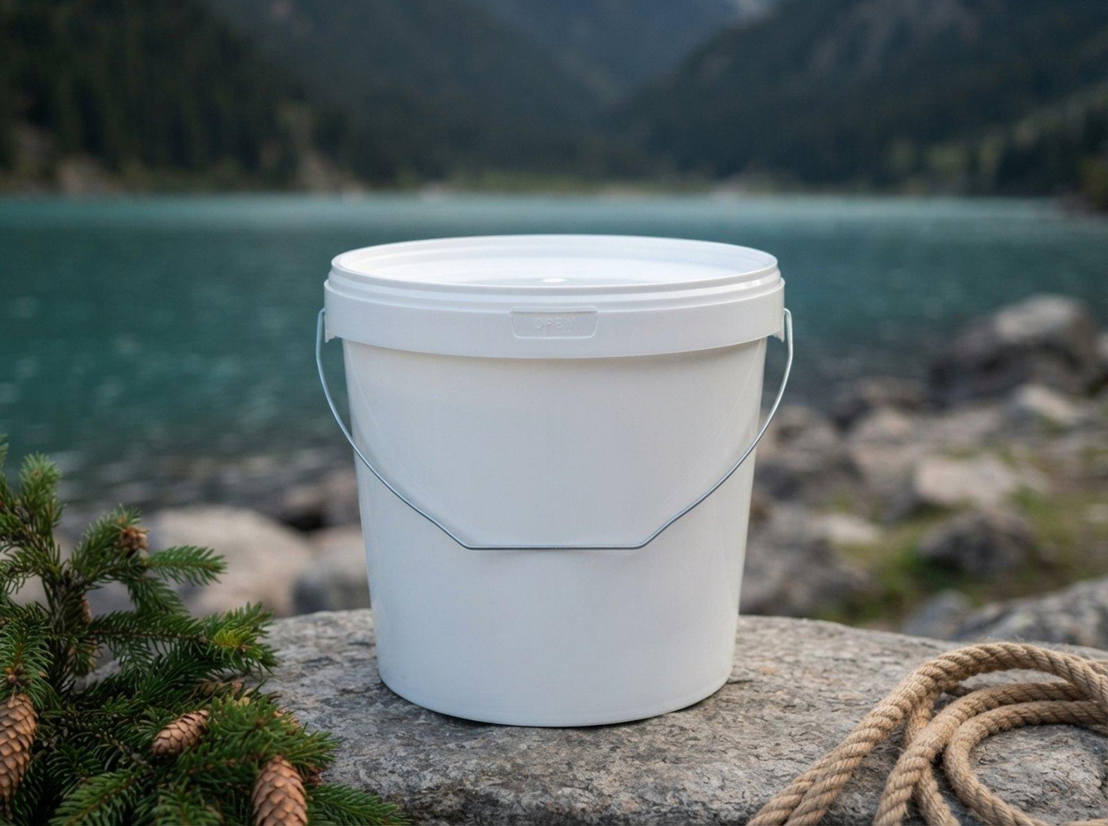 White 5.6 L plastic bucket with a metal bail handle and lid on a flat gray boulder by a turquoise mountain lake surrounded by spruce-covered slopes