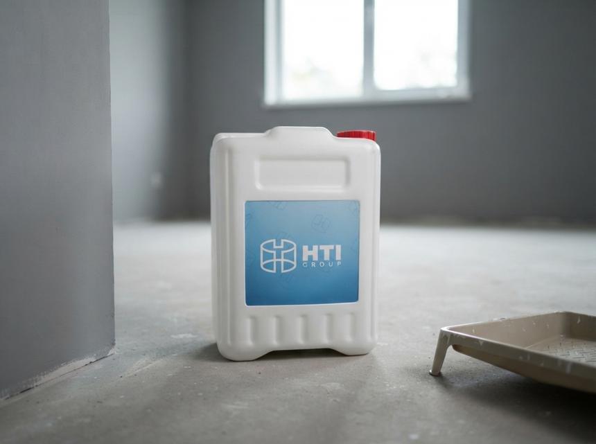White 10 L plastic jerry can with screw cap on the floor of a room with gray primed walls, next to a paint tray