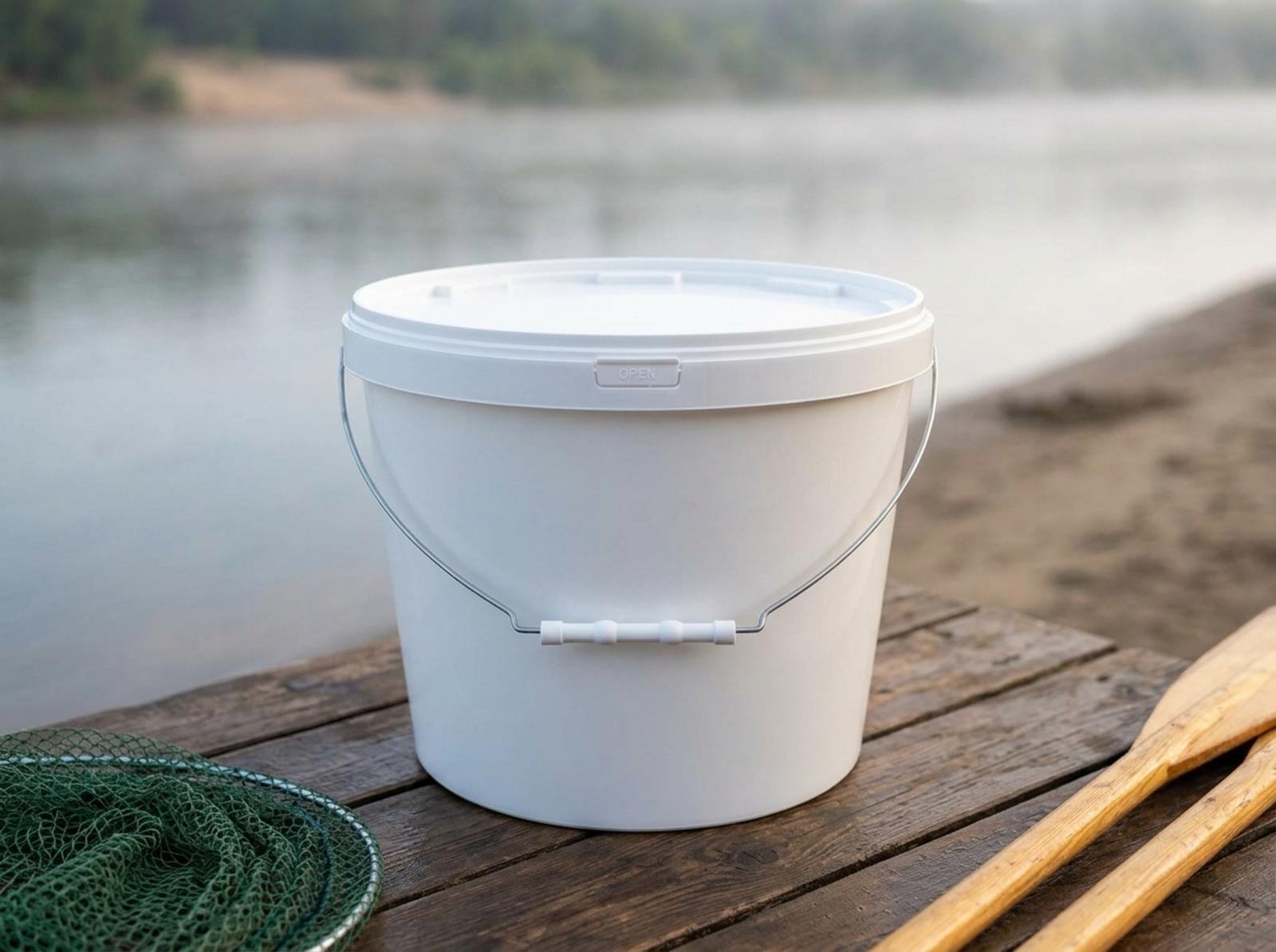 White 11.5 L plastic bucket with lid and metal bail handle on a wooden boardwalk on the Irtysh near Pavlodar, next to a rolled-up fishing net