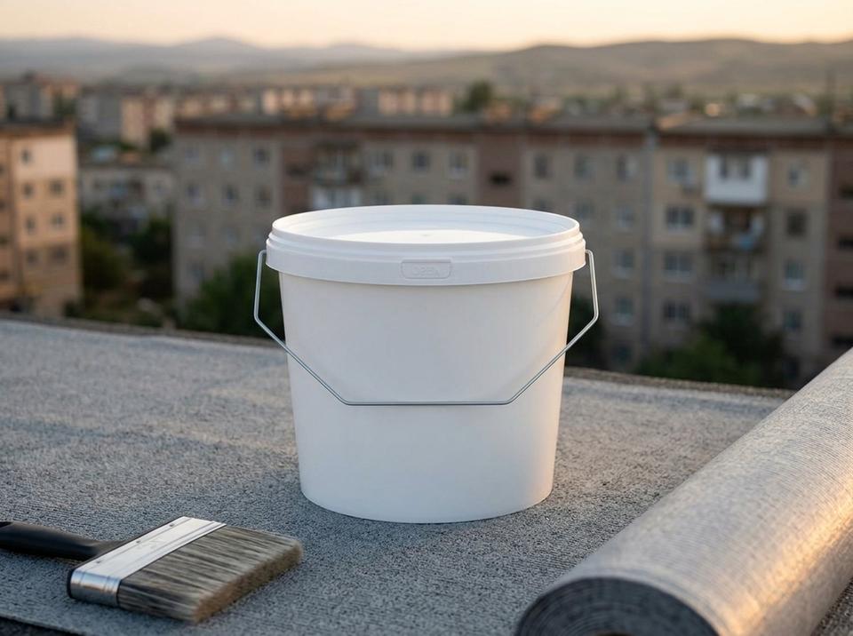 White 3.8 L plastic bucket with lid and metal bail handle on the flat roof of an apartment block next to a roll of roofing material