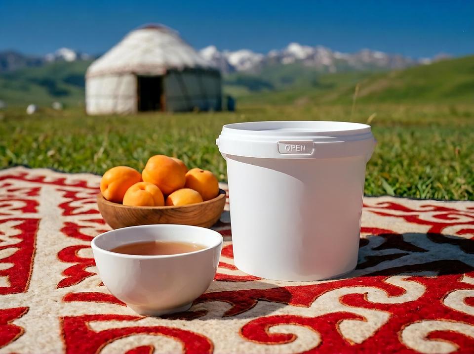 White 1 liter plastic bucket with lid on a felt shyrdak rug by a yurt in a mountain pasture