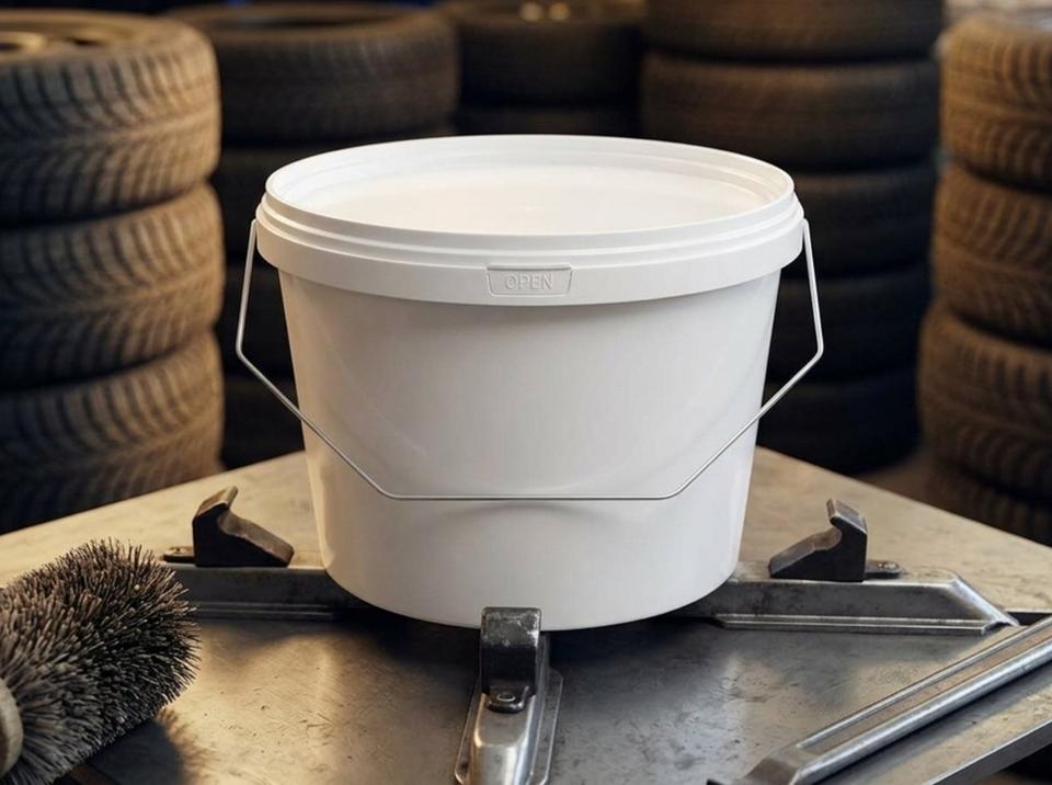 White 3 L plastic bucket with metal bail handle and lid on a tire changer table next to a round brush and a tire lever