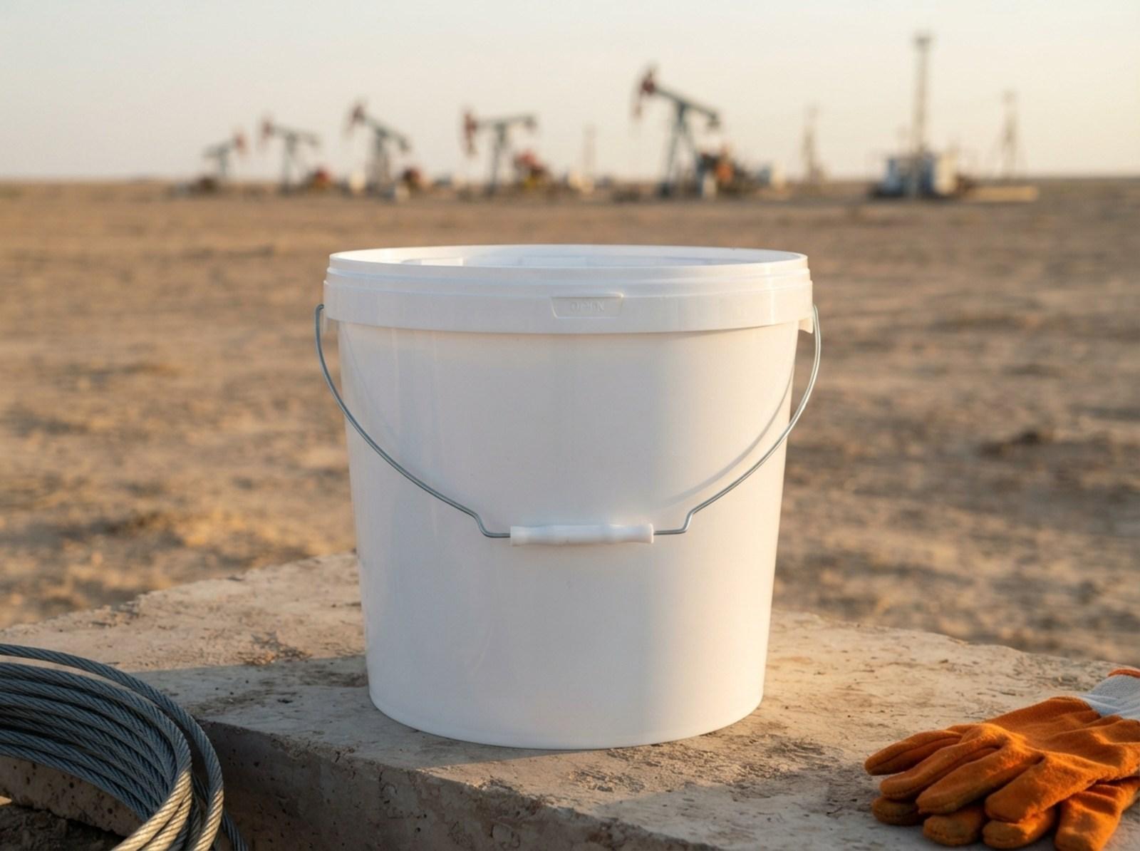 White 18 L plastic bucket with lid and metal bail handle with plastic grip on a concrete block, with a row of pumpjacks on the desert plain behind it