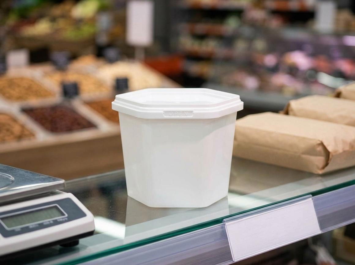 熟食店玻璃展柜上的透明六角形塑料食品盒，400 毫升，带盒盖，旁边是电子秤