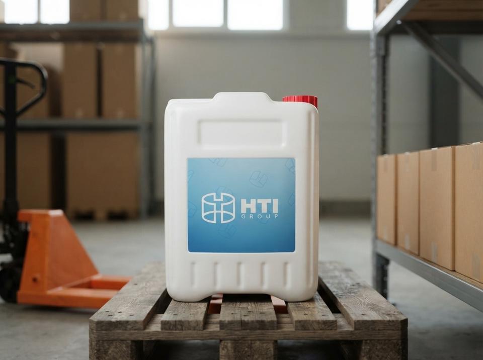White 5 L plastic jerry can with screw cap on a wooden pallet in the warehouse of a household cleaning products wholesaler in Almaty