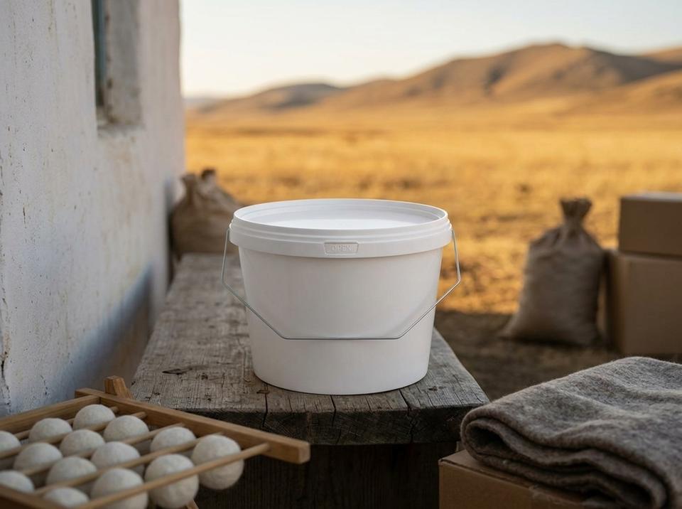 White 3 L plastic bucket with lid on a bench by the whitewashed wall of a steppe farm in Abai Region, next to a kurt drying rack