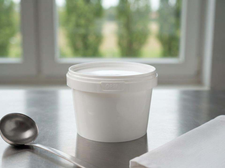 White 560 ml plastic bucket with lid on a steel table in a village dairy, next to a steel ladle, with poplars outside the window