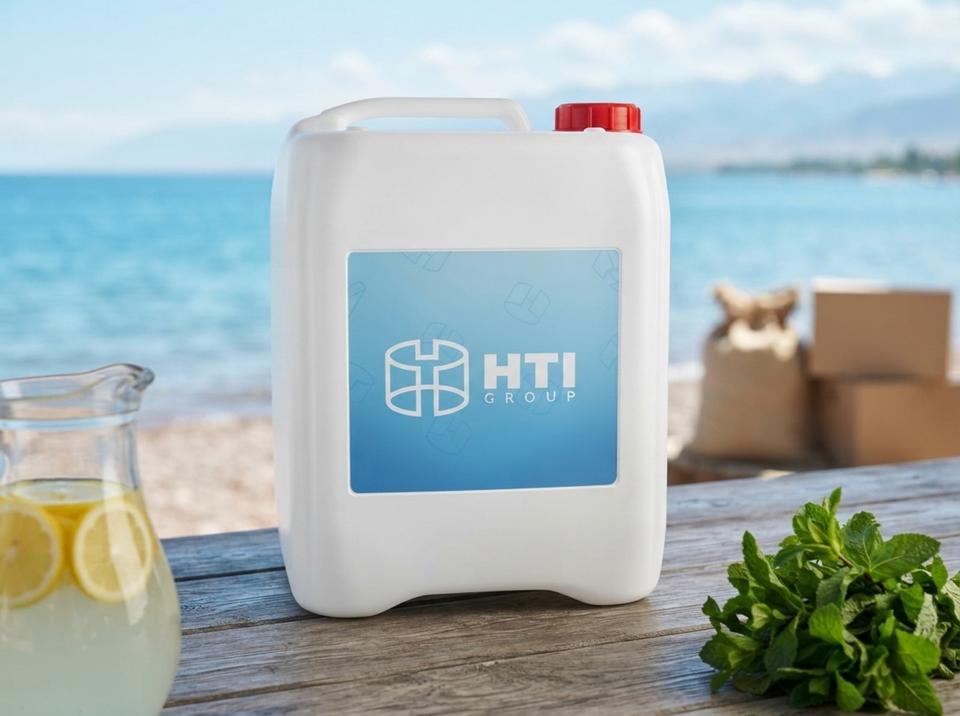 White 5 L plastic jerry can with screw cap on a wooden counter at a summer cafe on the shore of Issyk-Kul, next to a pitcher of lemonade