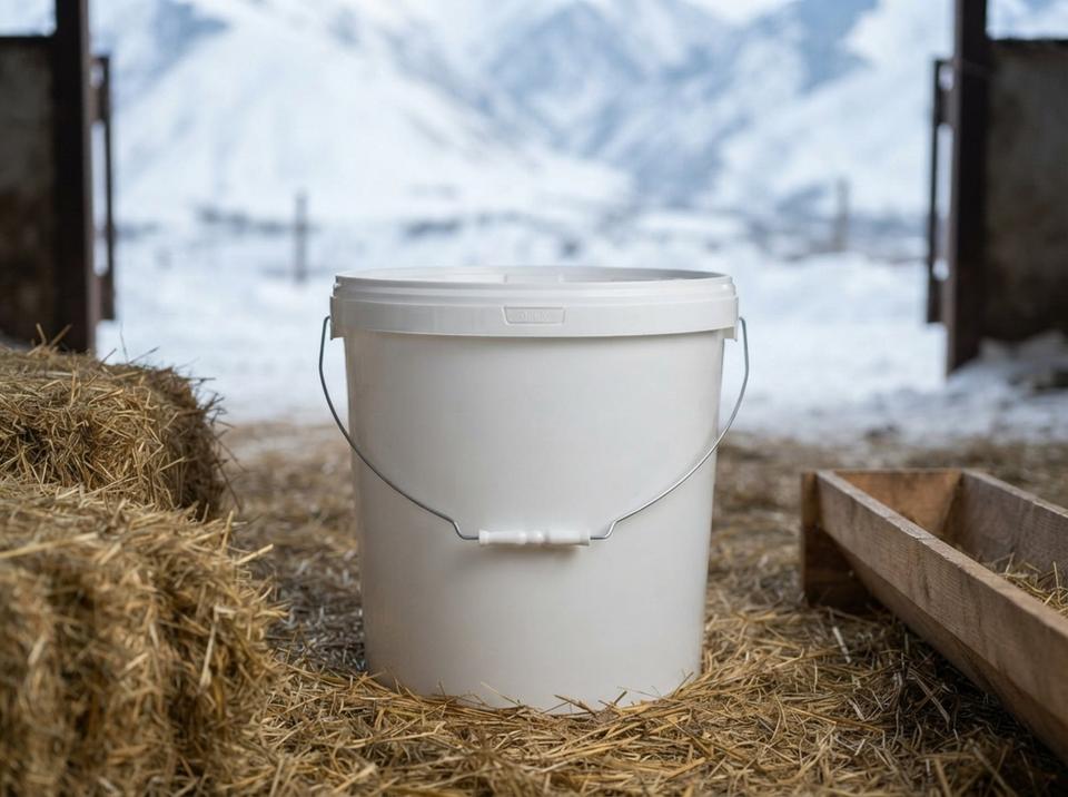 White 21 L plastic bucket with lid and metal bail handle with plastic grip on straw in a winter livestock pen next to hay bales