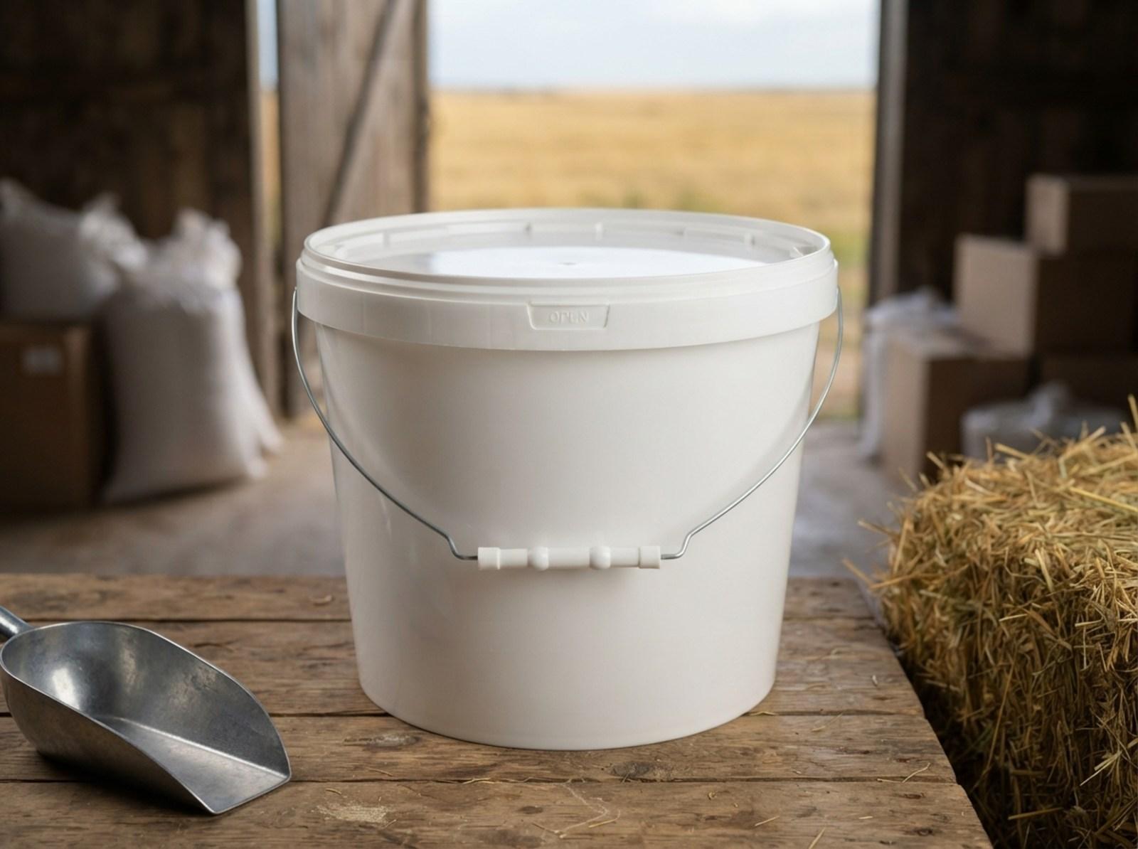 White 11.5 L plastic bucket with a metal bail handle and lid on a wooden table in a farm feed room near Rudny, next to a hay bale