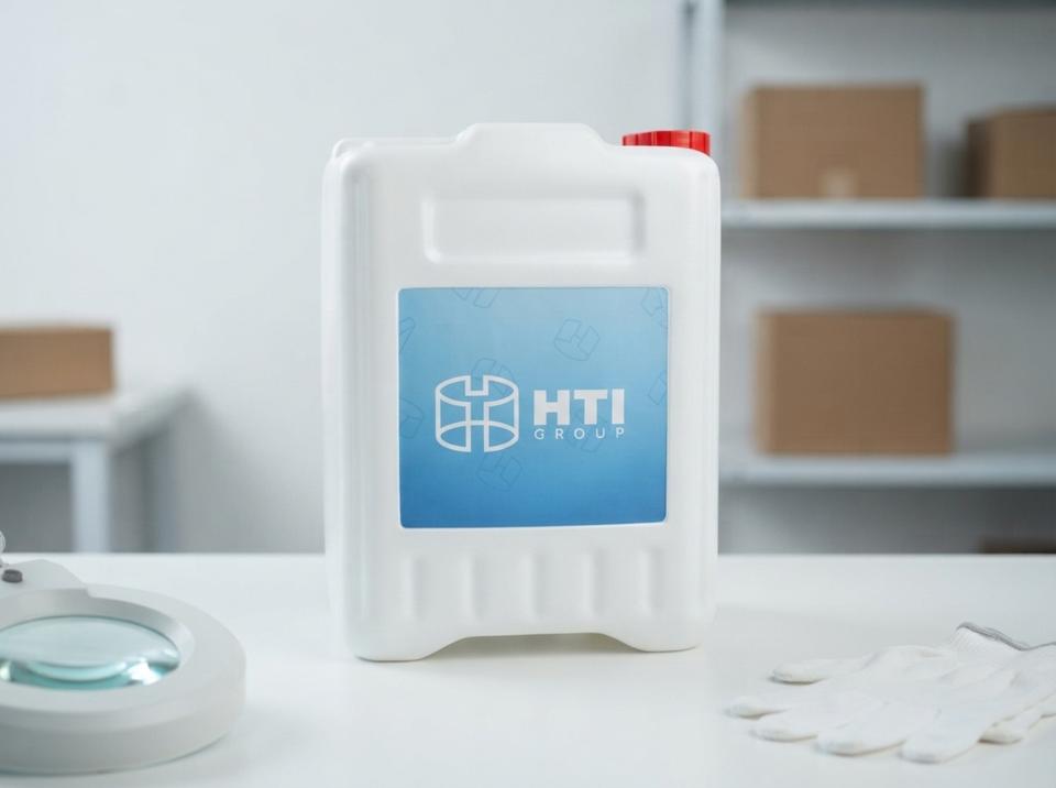 White 10 L plastic jerry can with screw cap on a white table in the quality control area, next to a magnifier lamp