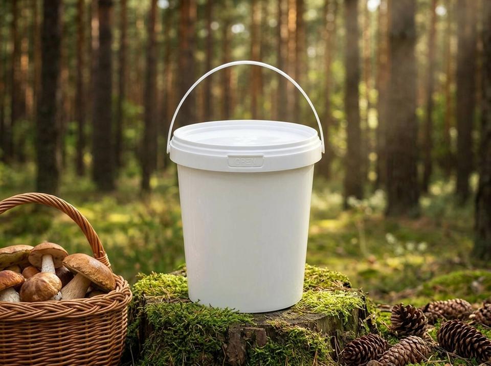 White 900 ml plastic bucket with lid and molded-in handle on a tree stump in an Irtysh pine forest, next to a basket of mushrooms