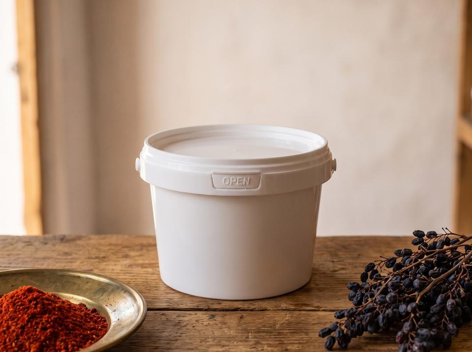 White 560 ml plastic bucket with lid on the wooden counter of a spice shop in Uzgen next to a brass dish of ground pepper
