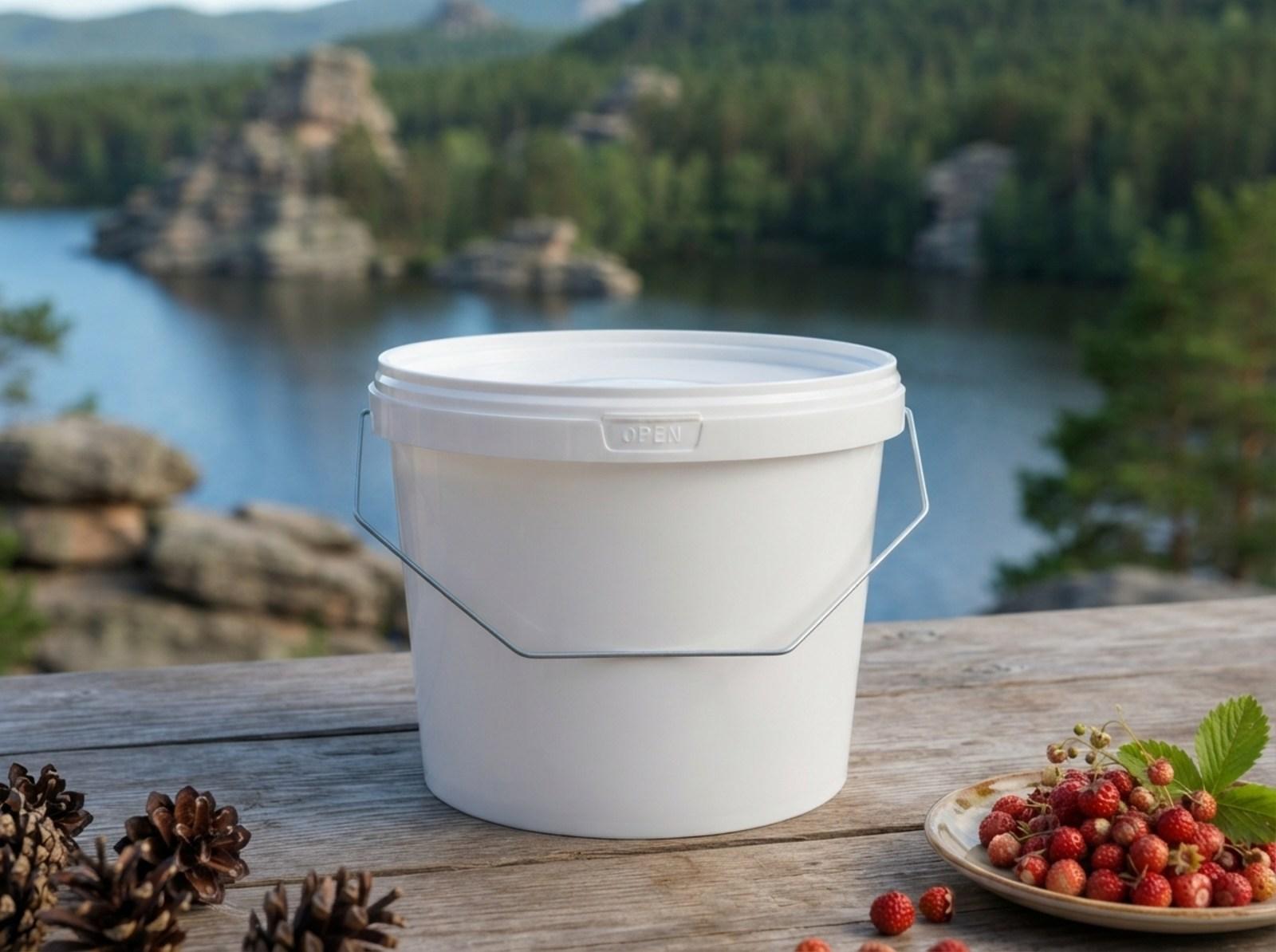 White 2.3 L plastic bucket with metal bail handle and lid on a wooden terrace table by a lake in Burabay, next to a saucer of wild strawberries