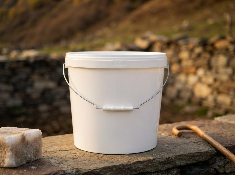 White 18 L plastic bucket with lid and metal bail handle with plastic grip on a rock ledge by a sheep barn, next to a salt lick and a shepherd's crook