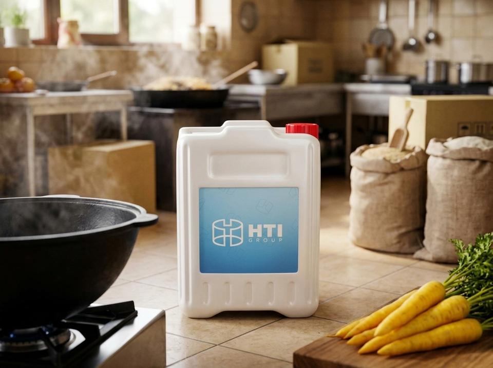 White 10 L plastic jerry can on the tiled floor of a plov center kitchen in Osh, next to a large kazan