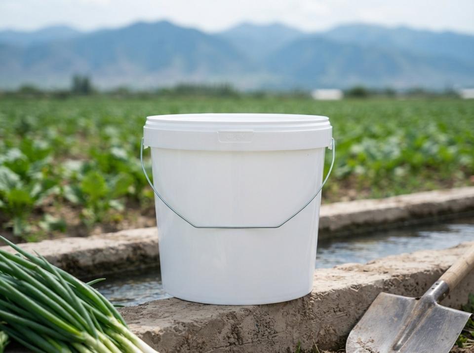 White 5.6 L plastic bucket with lid and metal bail handle on the concrete edge of an irrigation ditch by a field in Kordai District, next to a bunch of green onions