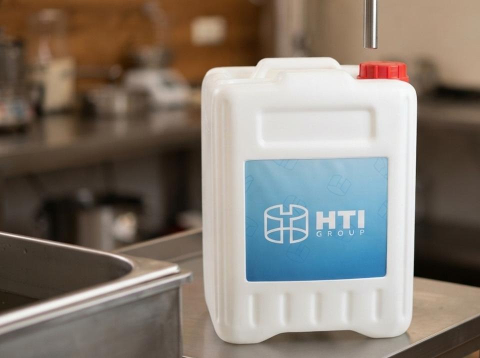 White 10 L plastic jerry can with screw cap on a steel table under a filling tap in a syrup plant, next to a cooking kettle
