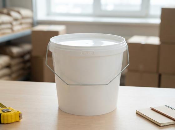 White 3.8 L plastic bucket with lid and metal bail handle on a packaging warehouse desk next to a tape measure