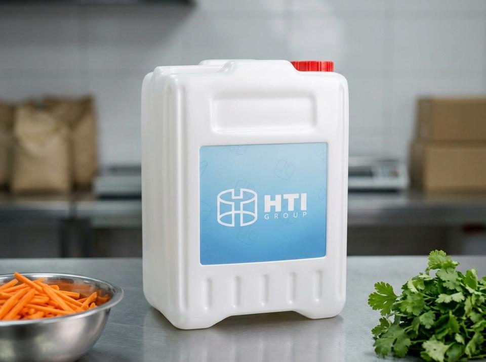 5 升白色带螺旋盖塑料方桶，放在韩式凉菜车间的不锈钢桌上，旁边是一碗胡萝卜丝