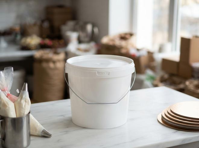 White 5.6 L plastic bucket with lid on a marble table in a pastry kitchen next to piping bags