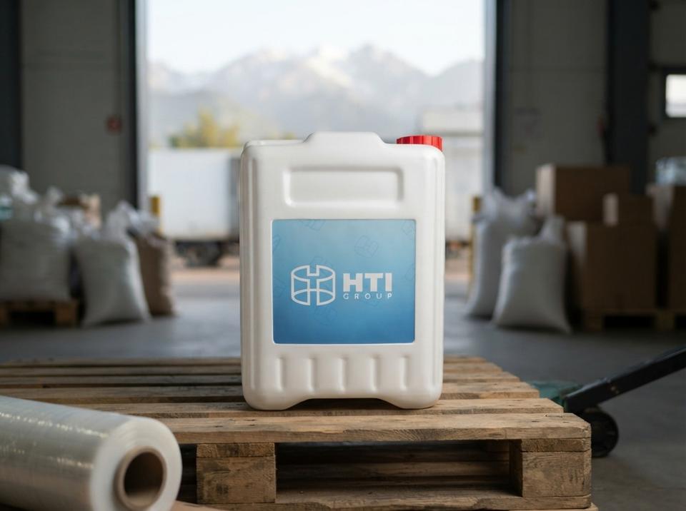 White 10 L plastic jerry can with a screw cap on an empty wooden pallet in a warehouse shipping area in Almaty