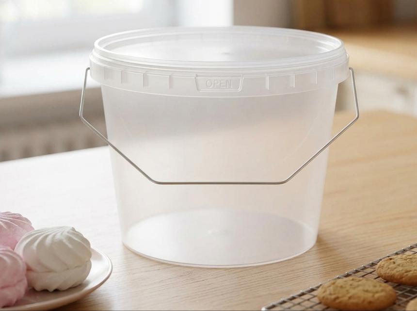Clear 2.3 L plastic bucket with metal bail handle and lid in a home bakery kitchen, next to a plate of marshmallows
