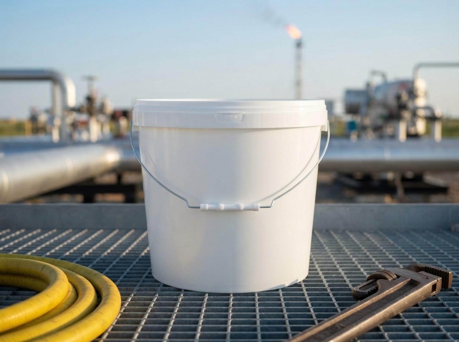 White 18 L plastic bucket with lid and metal bail handle with plastic grip on a steel grating platform by pipelines in the steppe near Aksai