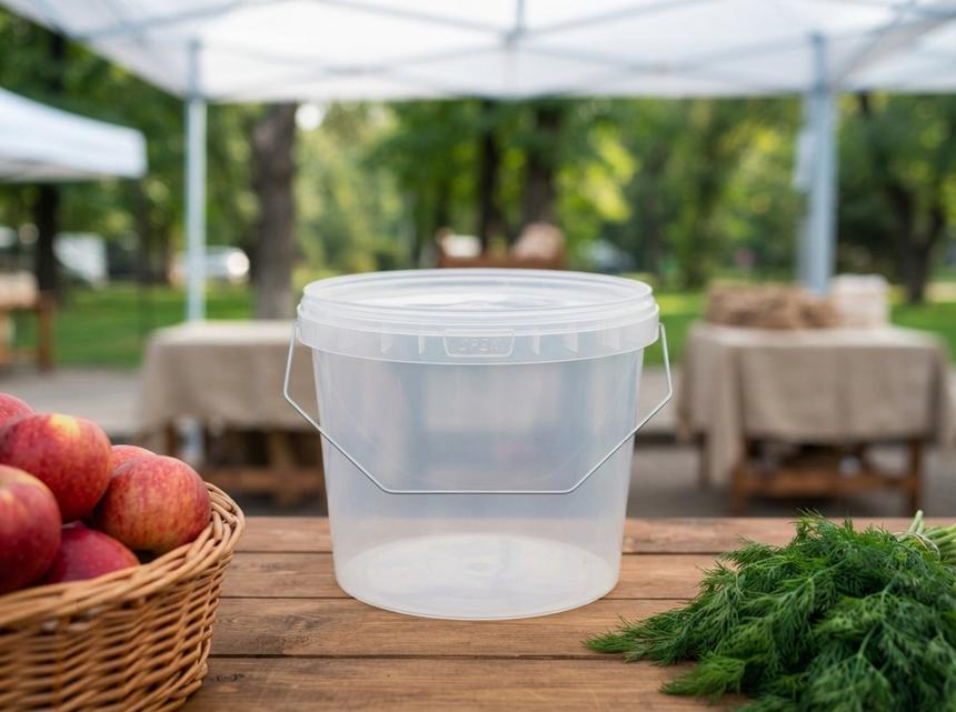 Clear 2.3 L plastic bucket with lid on a stall at a weekend fair in Bishkek next to a basket of red apples
