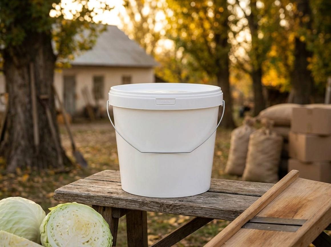 White 5.6 L plastic bucket with metal bail handle on a bench in a Chuy Valley farmyard next to heads of cabbage