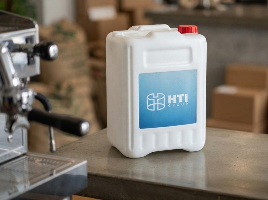 White 5-liter plastic jerry can with a cap on the concrete bar counter of a coffee shop in Bishkek by the espresso machine