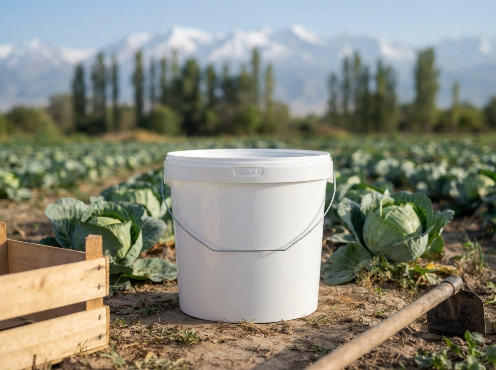 索库卢克附近菜地的卷心菜垄间，放着一只配金属提手的 5.6 升白色带盖塑料桶，背景是杨树和雪山