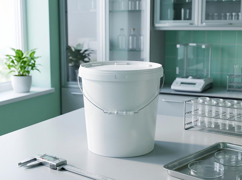 15 L plastic bucket on a quality control lab table