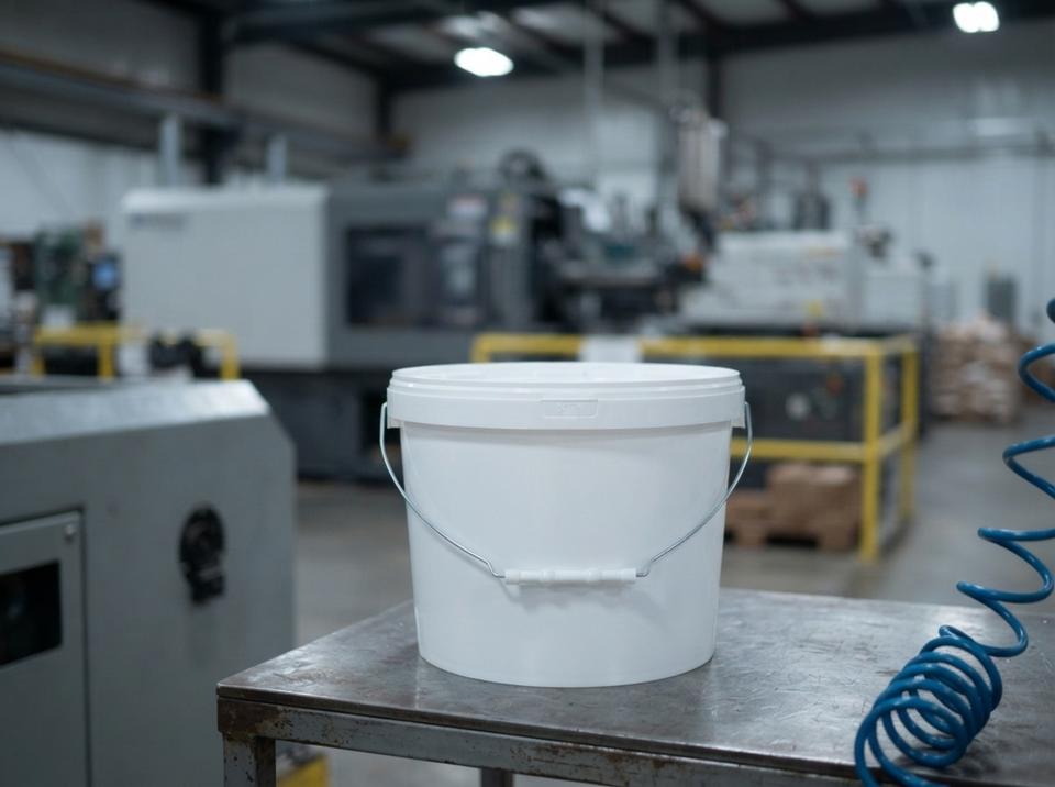 White 8 L plastic bucket with lid and bail handle on a steel workbench in the molding shop, with industrial equipment in the background