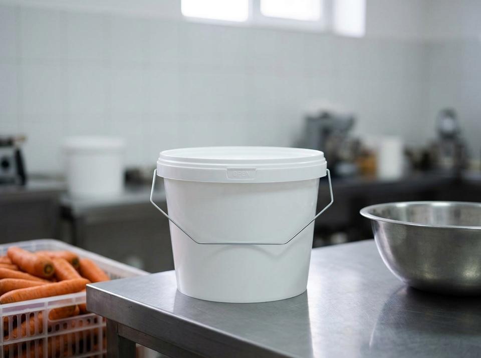 White 2.3 L plastic bucket with lid on a steel table in a salad kitchen next to a crate of carrots