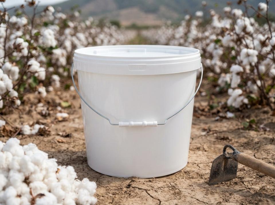 White 18 L plastic bucket with lid and metal bail handle with plastic grip on dry ground by a cotton field, next to a pile of picked cotton