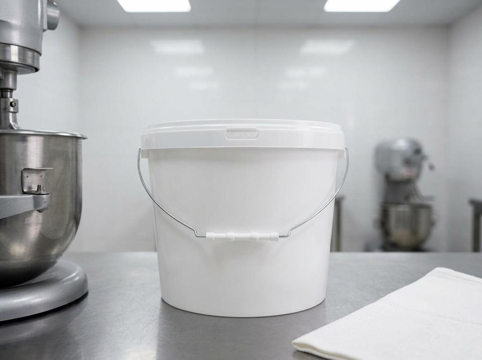 White 11.5 L plastic bucket with lid and bail handle with plastic grip on a steel table in a cake shop, next to a planetary mixer
