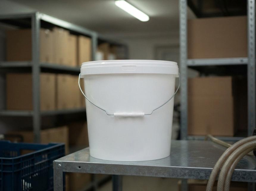 White 18 L plastic bucket with lid and bail handle with plastic grip on a galvanized rack in a sauce plant warehouse in Tokmok