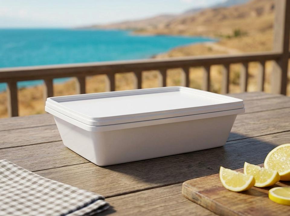 White 750 ml flat plastic tray with lid on a table on the terrace of a roadside cafe by Issyk-Kul, next to lemon wedges
