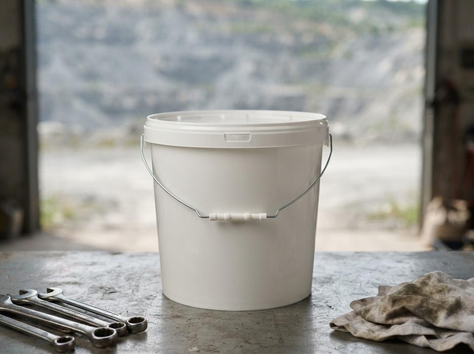 White 15 L plastic bucket with lid and metal bail handle with plastic grip on a steel workbench in a workshop by a phosphate quarry, next to a set of wrenches