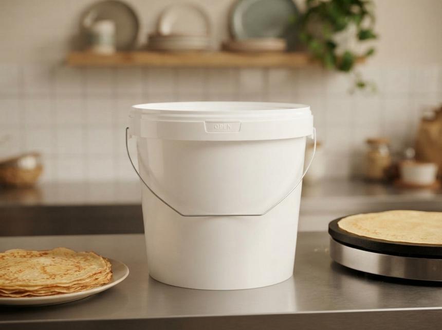 White 5.6 L plastic bucket with lid and bail handle on a steel table in an Almaty blini cafe, next to a stack of blini