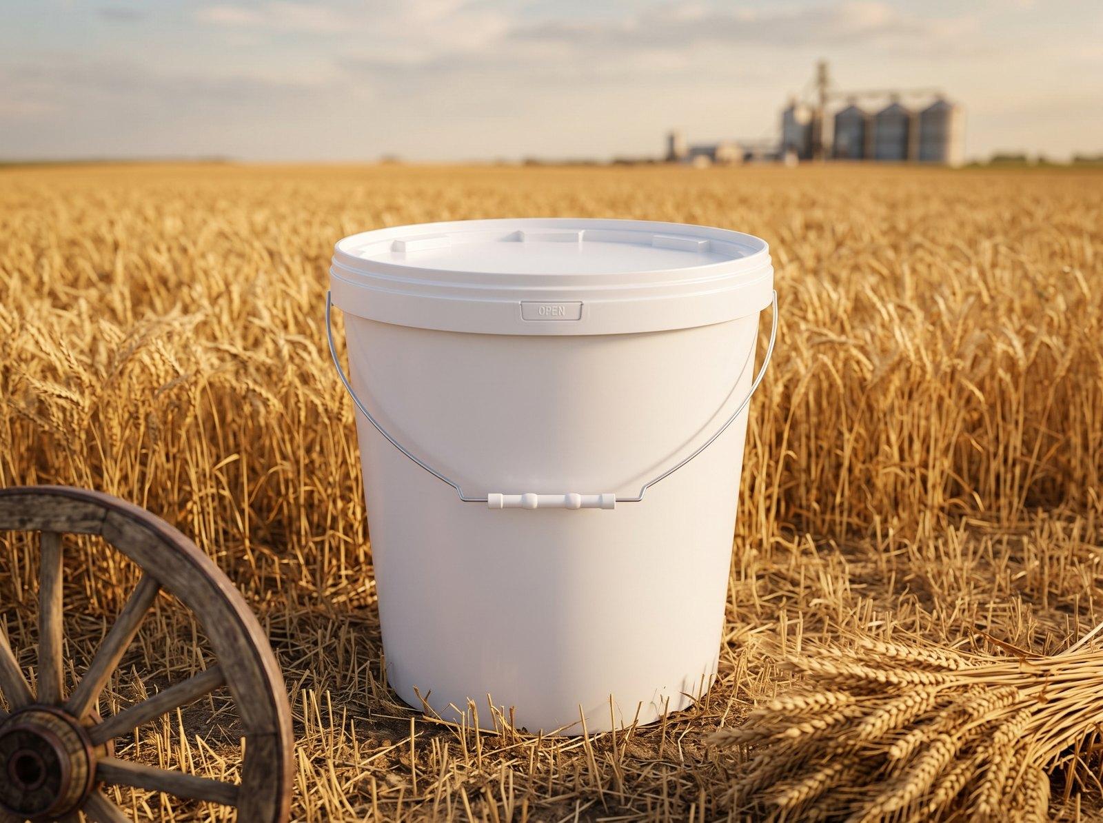White 21 L plastic bucket with lid and metal bail handle with plastic grip on stubble at the edge of a wheat field, a grain elevator in the distance