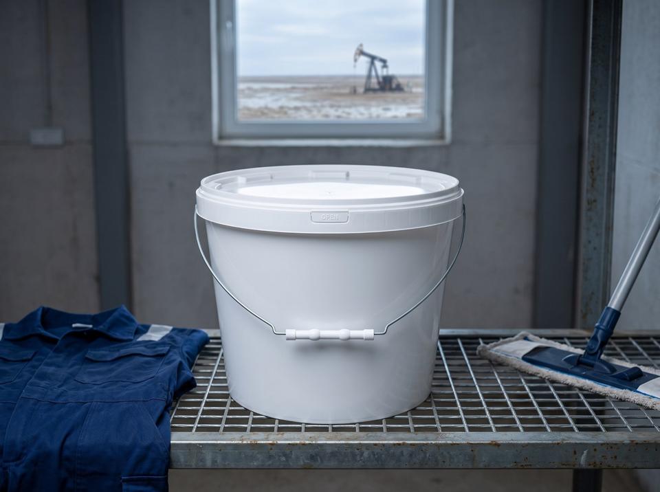 White 11.5 L plastic bucket with lid and metal bail handle with plastic grip on a metal shelf in a work camp utility room next to blue workwear